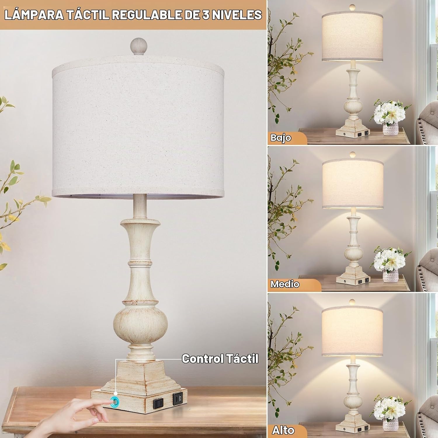 LÁMPARA DE MESA FARMHOUSE LOLIKIT 66 CM BLANCO CON PUERTOS USB Y TOMACORRIENTE - 5