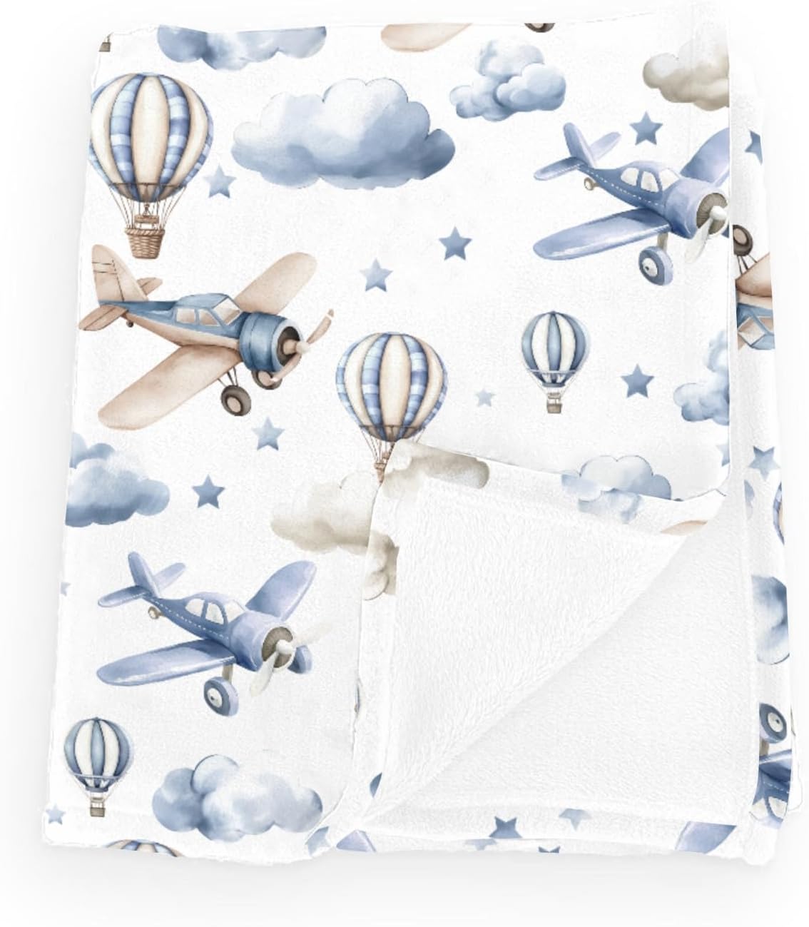 MANTA DE FRANELA PARA BEBÉ ESTAMPADO AVIONES Y GLOBOS AEROSTÁTICOS AZUL - 1