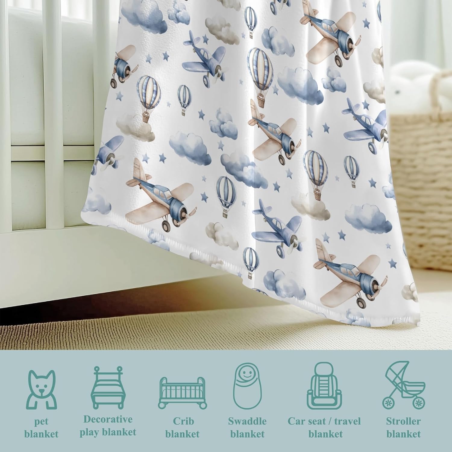 MANTA DE FRANELA PARA BEBÉ ESTAMPADO AVIONES Y GLOBOS AEROSTÁTICOS AZUL - 4