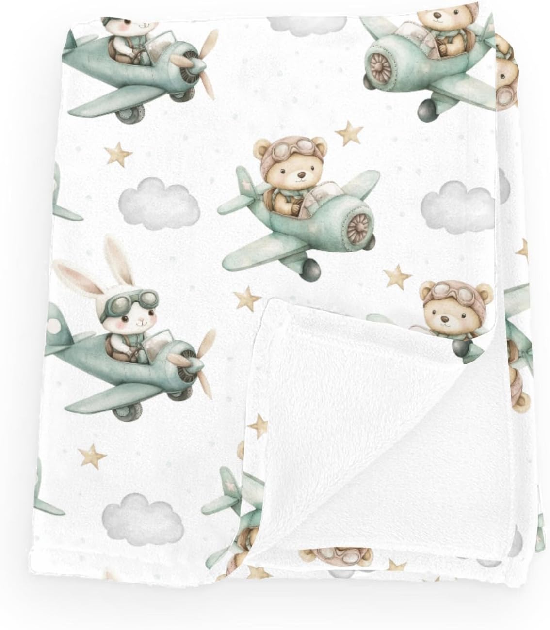 MANTA DE FRANELA PARA BEBÉ WICBFDFV CON DISEÑO DE OSITOS, CONEJITOS Y AVIONES VERDE Y BLANCO - 1