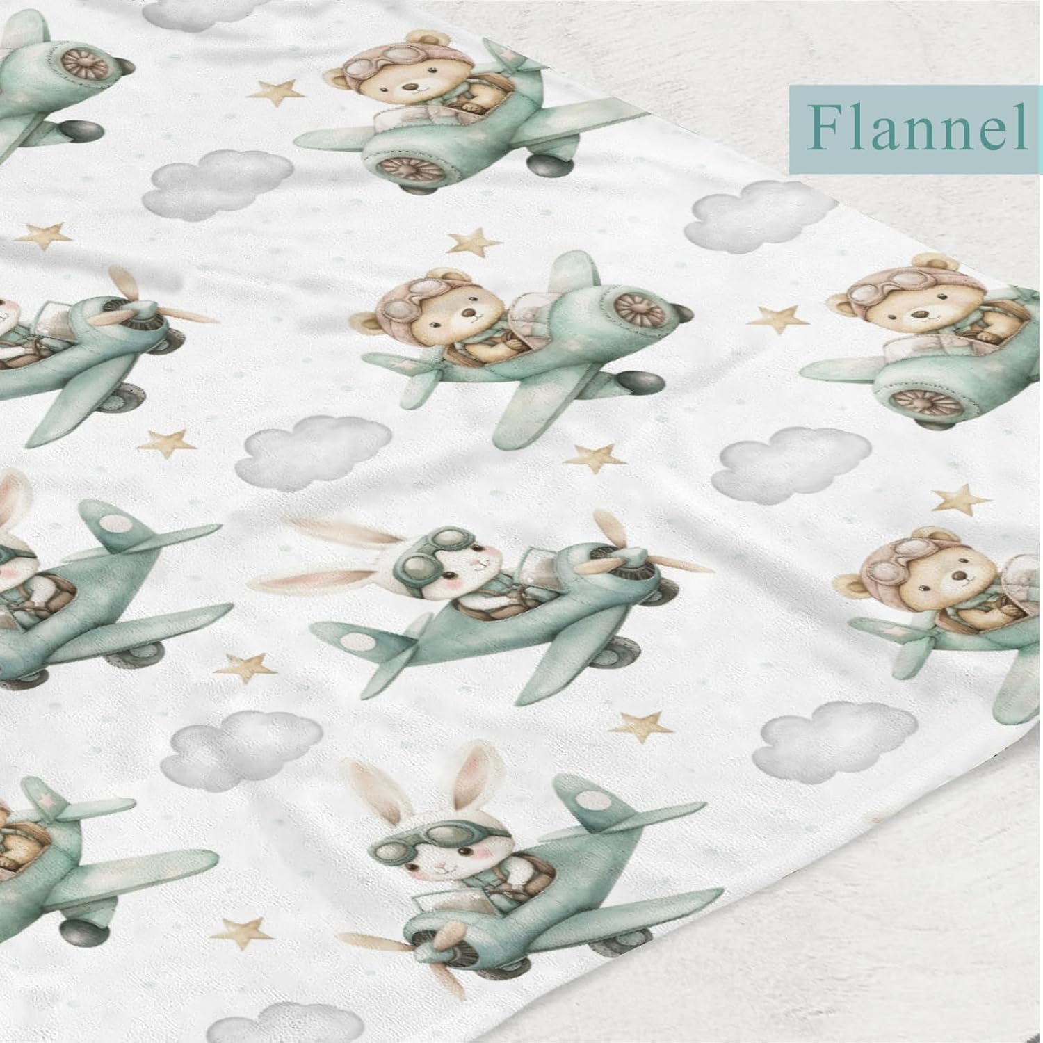 MANTA DE FRANELA PARA BEBÉ WICBFDFV CON DISEÑO DE OSITOS, CONEJITOS Y AVIONES VERDE Y BLANCO - 3