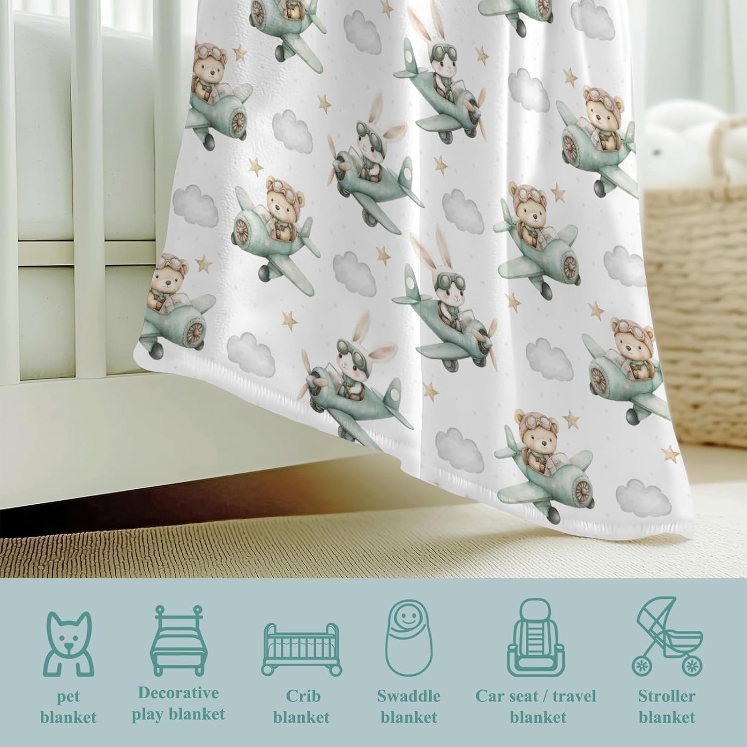 MANTA DE FRANELA PARA BEBÉ WICBFDFV CON DISEÑO DE OSITOS, CONEJITOS Y AVIONES VERDE Y BLANCO - 4