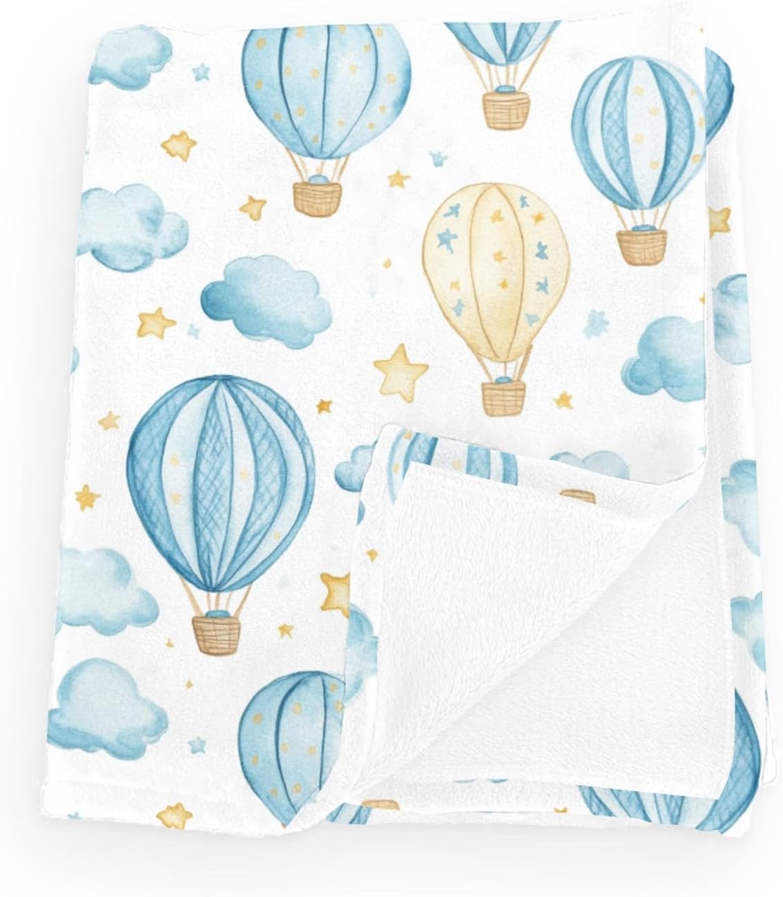 MANTA DE FRANELA PARA BEBÉ ESTAMPADO GLOBOS AEROSTÁTICOS Y ESTRELLAS AZUL 30X40 PULGADAS - 1