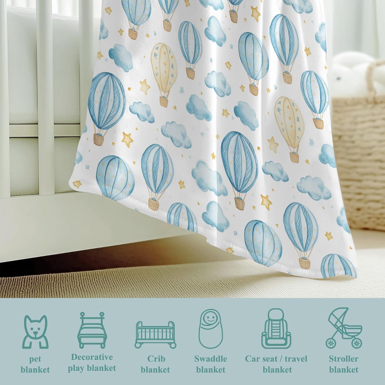 MANTA DE FRANELA PARA BEBÉ ESTAMPADO GLOBOS AEROSTÁTICOS Y ESTRELLAS AZUL 30X40 PULGADAS - 4