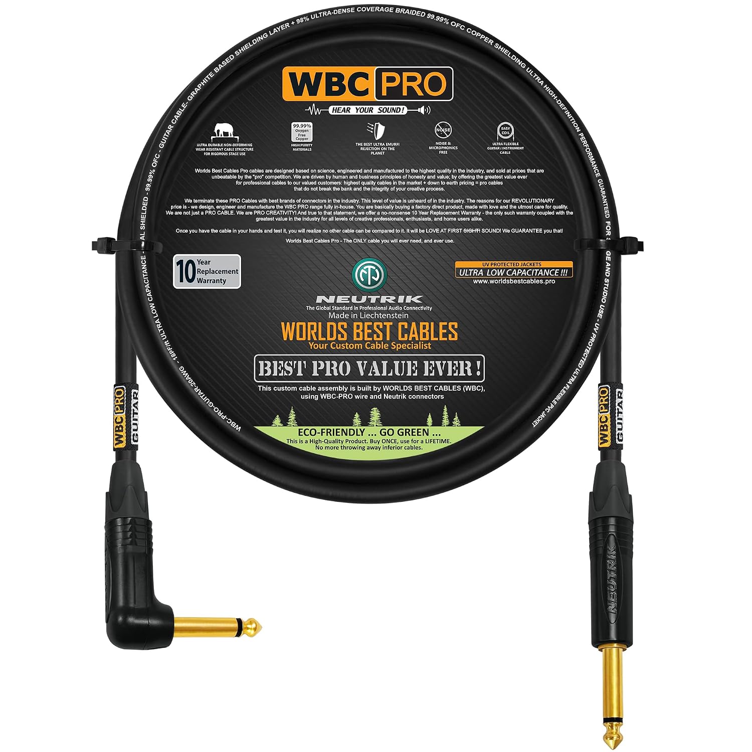 CABLE PARA GUITARRA WORLDS BEST CABLES WBC-PRO 4 PIES CONECTOR NEUTRIK RECTO A ANGULAR - 1