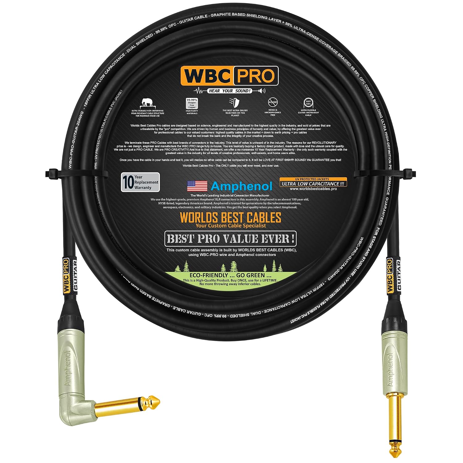CABLE PARA GUITARRA WORLDS BEST CABLES WBC-PRO 20 PIES CON CONECTORES AMPHENOL - 1