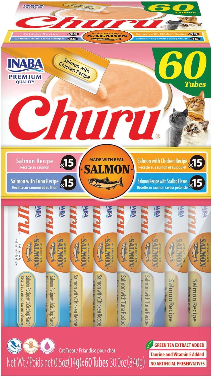 SNACK PARA GATOS INABA CHURU SALMÓN TUBO 0.5 OZ CAJA 60 UNIDADES - 1