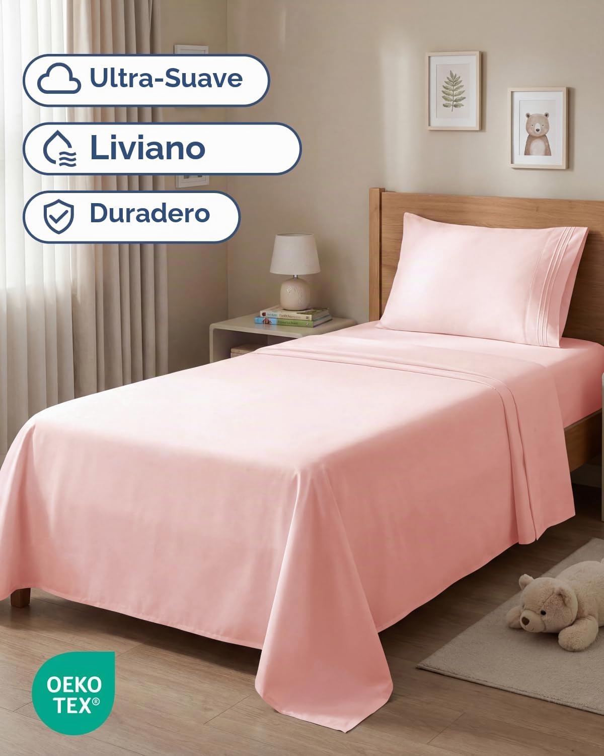 JUEGO DE SÁBANAS TWIN SIZE 3 PIEZAS MICROFIBRA ROSA BEBÉ - 2
