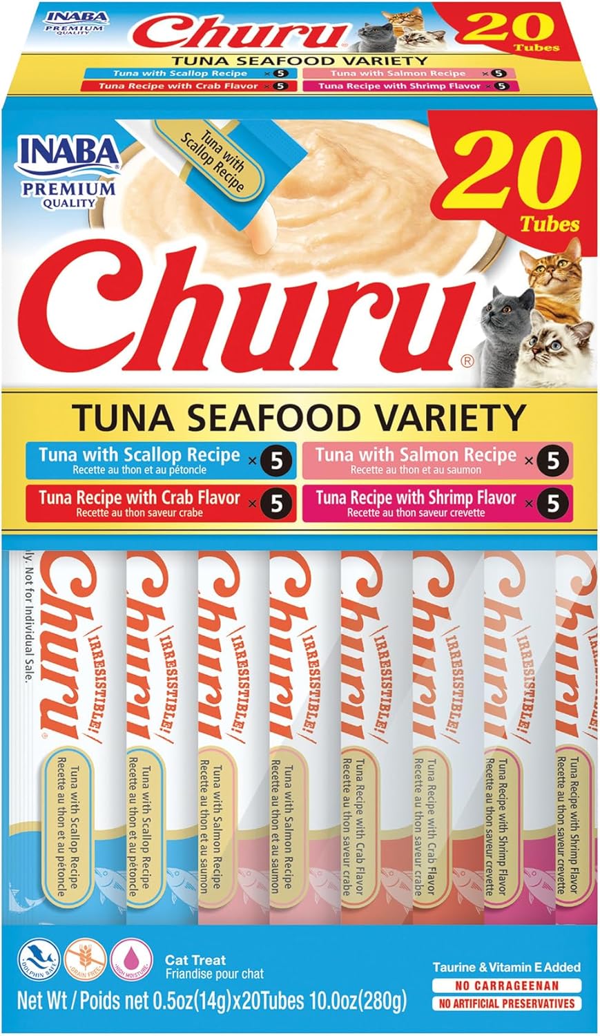 SNACK PARA GATOS INABA CHURU PURÉ CREMOSO ATÚN Y MARISCOS 20 TUBOS - 1