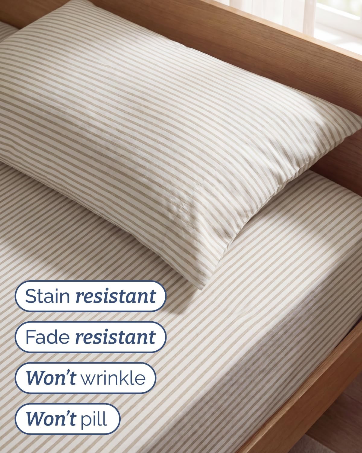 JUEGO DE SÁBANAS TWIN SIZE 3 PIEZAS MICROFIBRA BEIGE RAYAS - 5