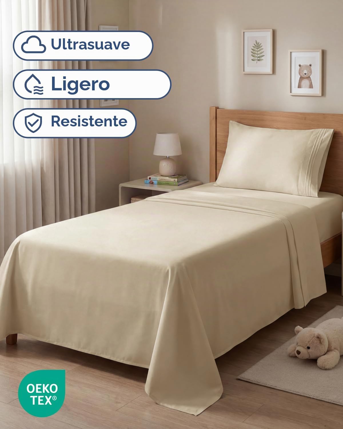 JUEGO DE SÁBANAS TWIN SIZE 3 PIEZAS MICROFIBRA CREMA - 2