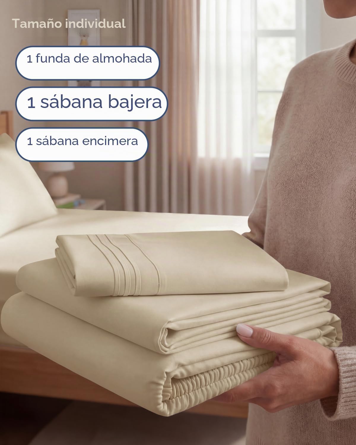 JUEGO DE SÁBANAS TWIN SIZE 3 PIEZAS MICROFIBRA CREMA - 3