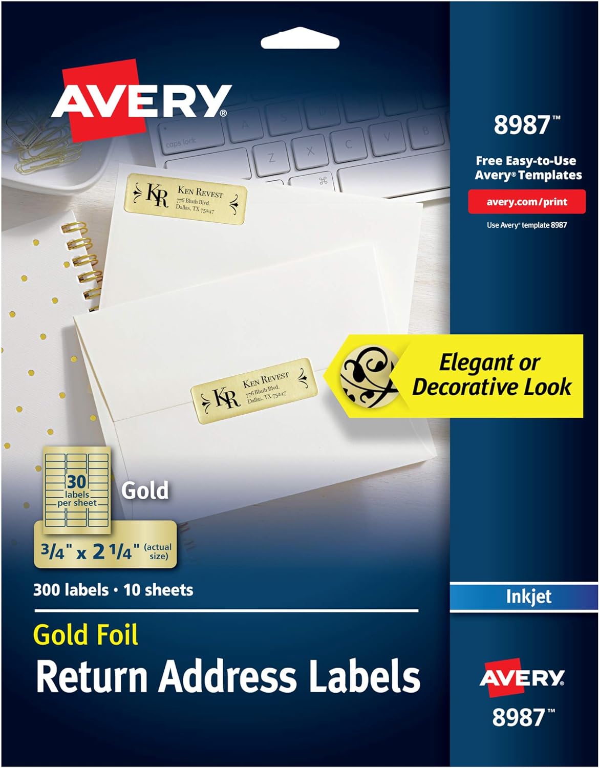 STICKERS AVERY DORADO PARA DIRECCIONES INKJET 3/4' X 2-1/4' 300 ETIQUETAS - 1