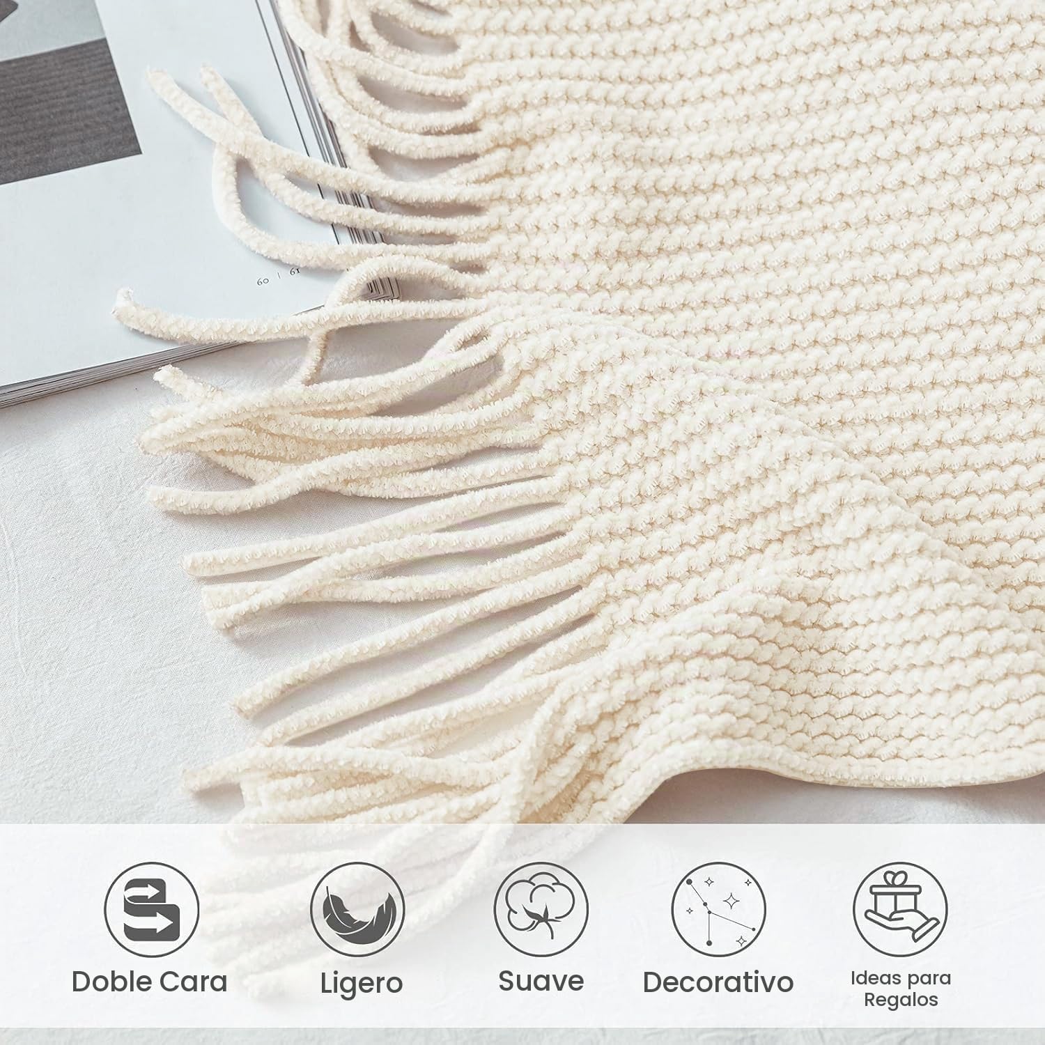MANTA LIFEIN CHENILLE TEJIDA OFF WHITE 50 X 60 PULGADAS - 4