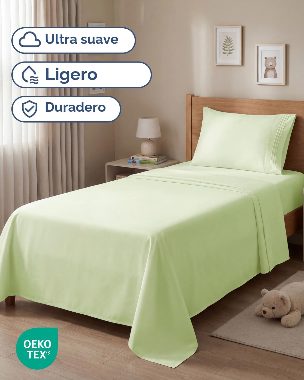 JUEGO DE SÁBANAS TWIN SIZE 3 PIEZAS MICROFIBRA VERDE SALVIA - 2