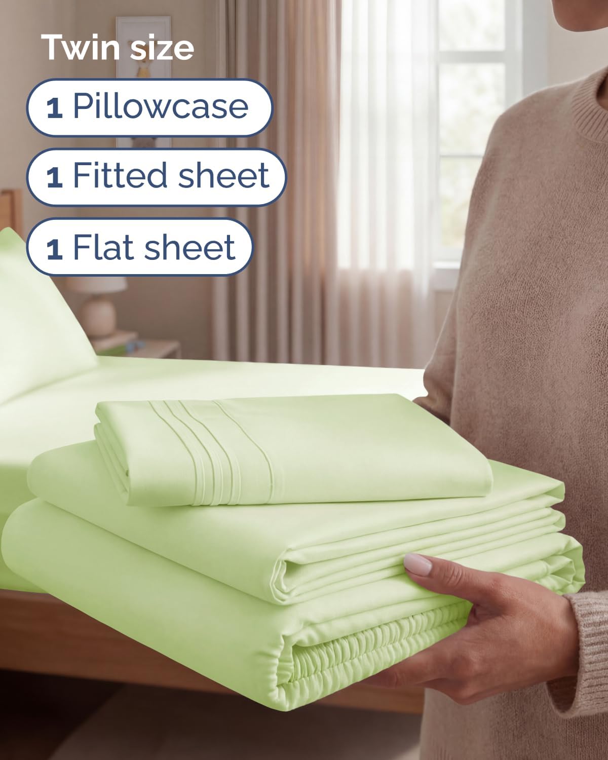 JUEGO DE SÁBANAS TWIN SIZE 3 PIEZAS MICROFIBRA VERDE SALVIA - 3