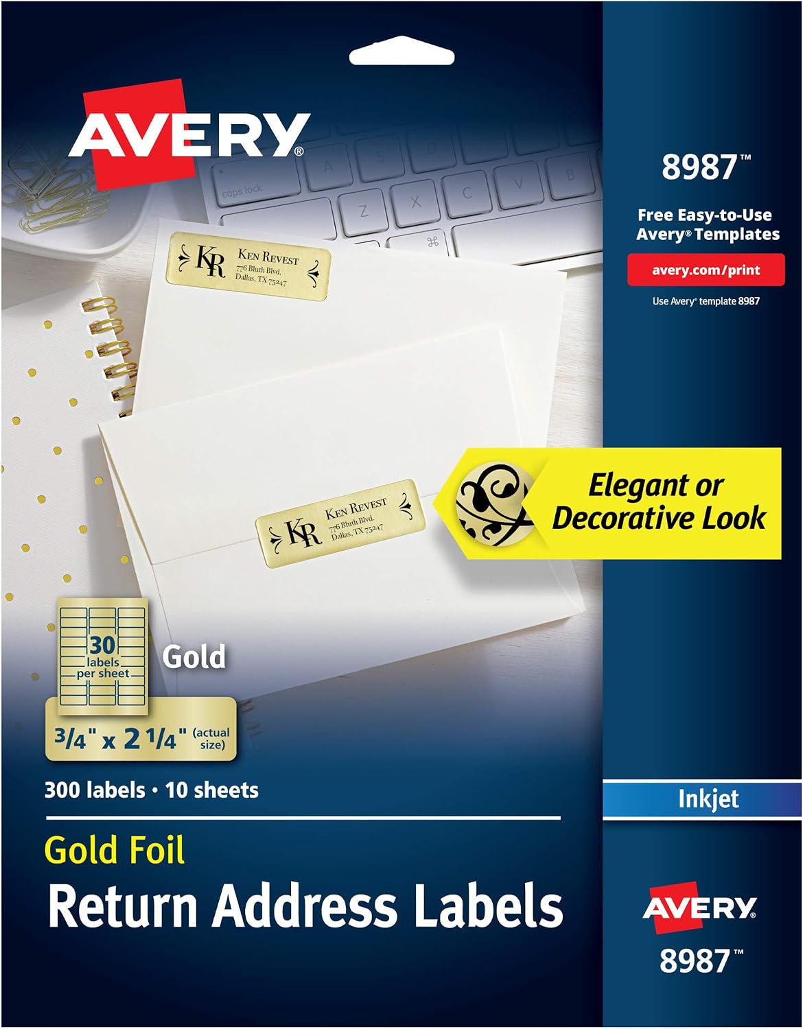 ETIQUETAS ADHESIVAS AVERY DORADAS PARA DIRECCIONES, 0.75' X 2.25', PAQUETE DE 300 - 1
