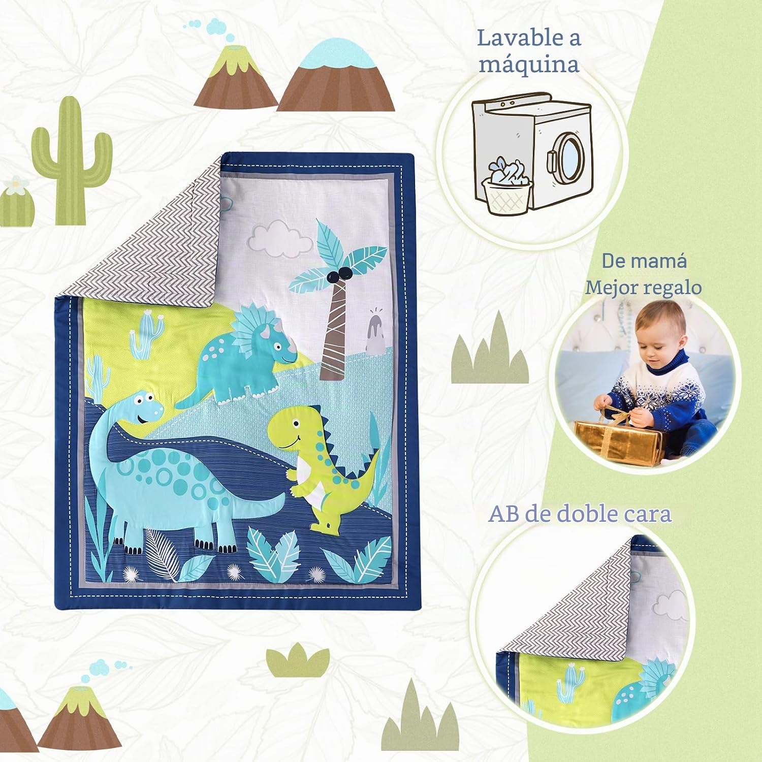 SET DE CAMA PARA CUNA WOWELIFE DISEÑO DINOSAURIO AZUL 3 PIEZAS - 5