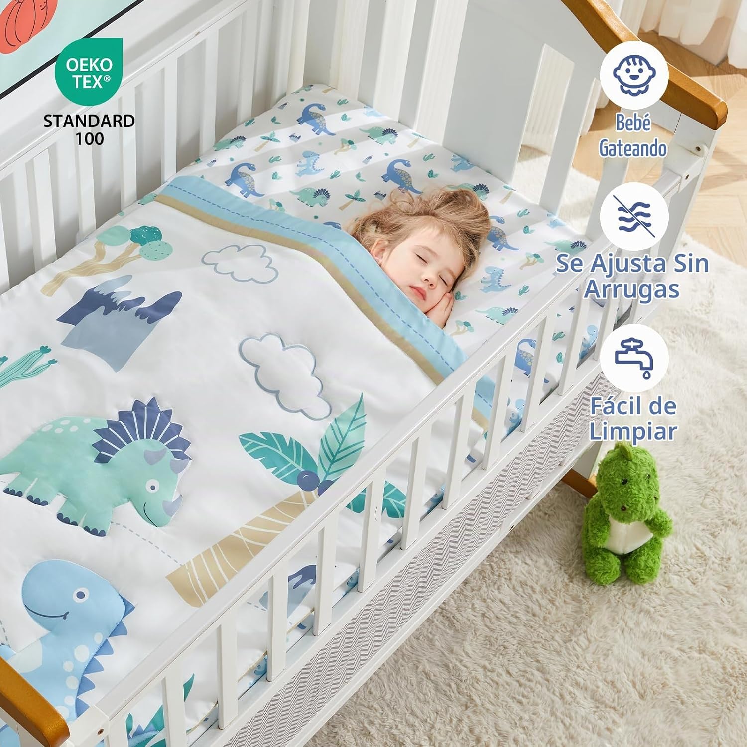 SET DE CAMA PARA CUNA WOWELIFE DISEÑO DINOSAURIO AZUL CLARO 3 PIEZAS - 4