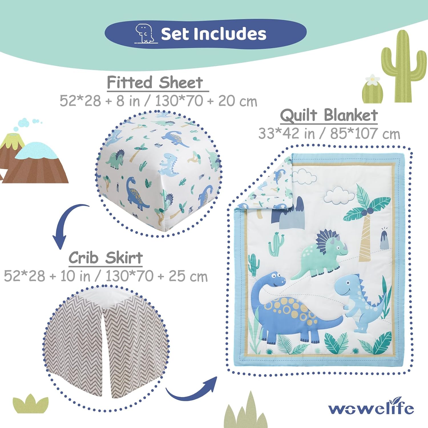 SET DE CAMA PARA CUNA WOWELIFE DISEÑO DINOSAURIO AZUL CLARO 3 PIEZAS - 5