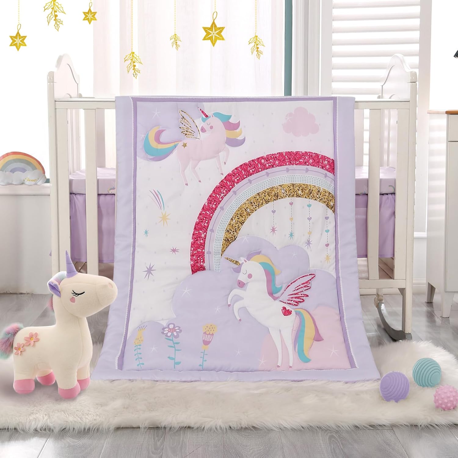 SET DE CAMA PARA CUNA 3 PIEZAS WOWELIFE DISEÑO UNICORNIO PÚRPURA - 1