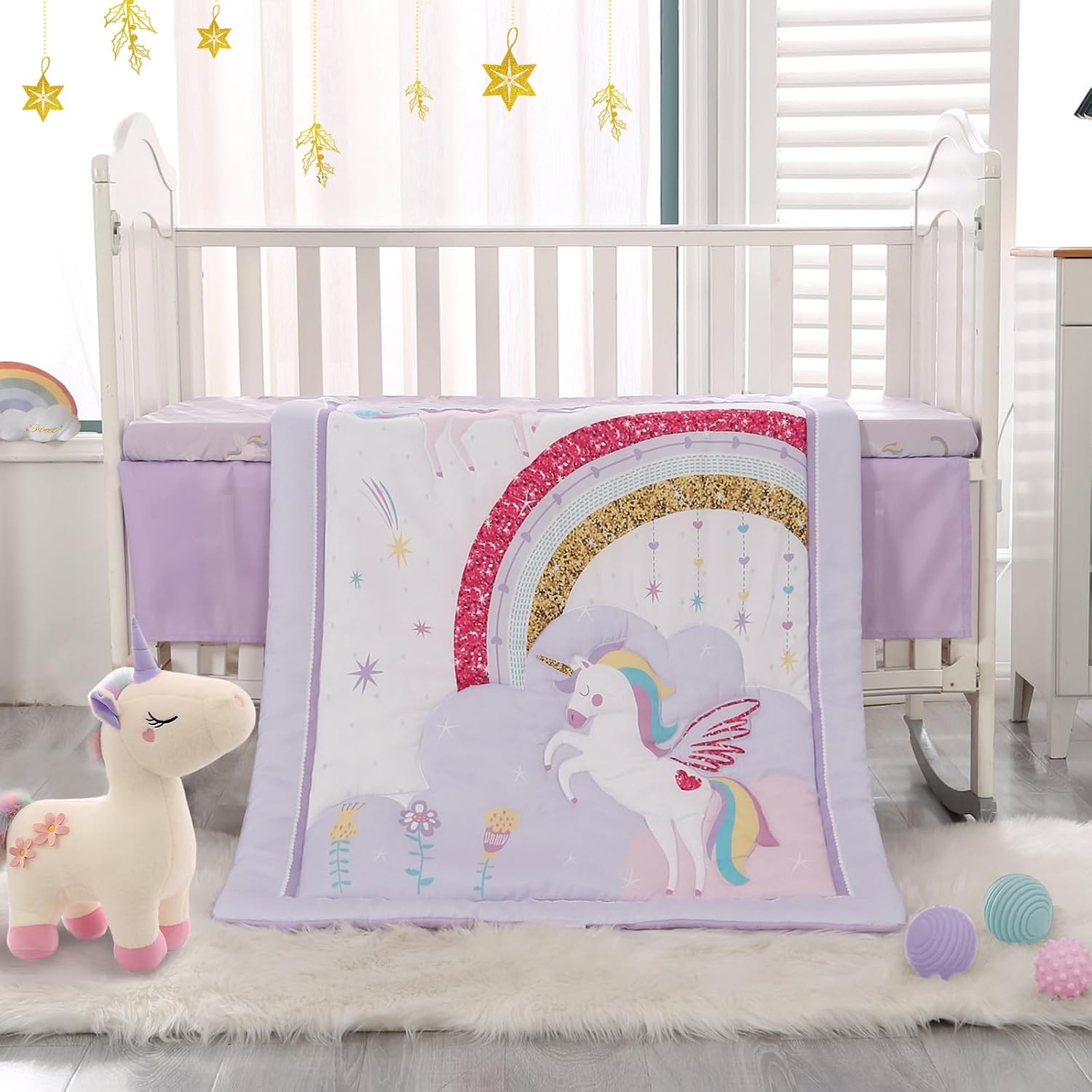 SET DE CAMA PARA CUNA 3 PIEZAS WOWELIFE DISEÑO UNICORNIO PÚRPURA - 2