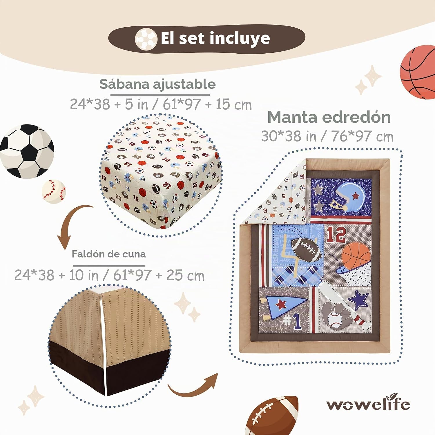 SET DE CAMA PARA CUNA WOWELIFE 3 PIEZAS TEMA DEPORTES MARRÓN - 4