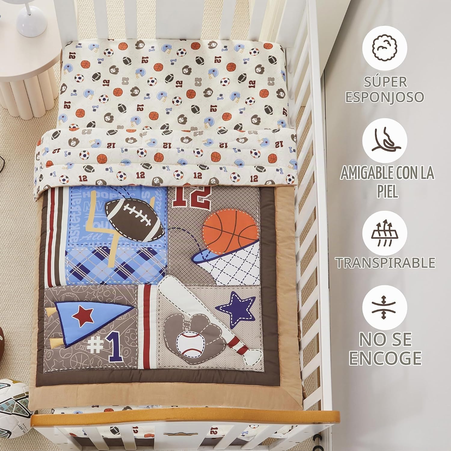 SET DE CAMA PARA CUNA WOWELIFE 3 PIEZAS TEMA DEPORTES MARRÓN - 5