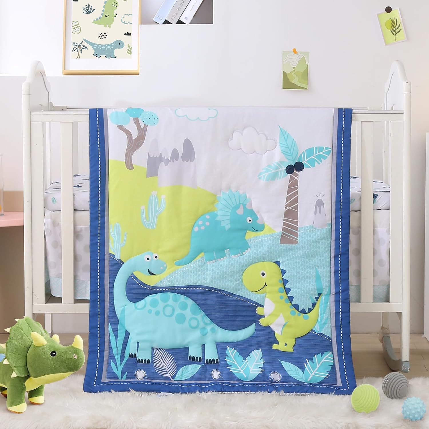 SET DE CAMA PARA CUNA MINI WOWELIFE DISEÑO DINOSAURIOS AZUL 3 PIEZAS - 1