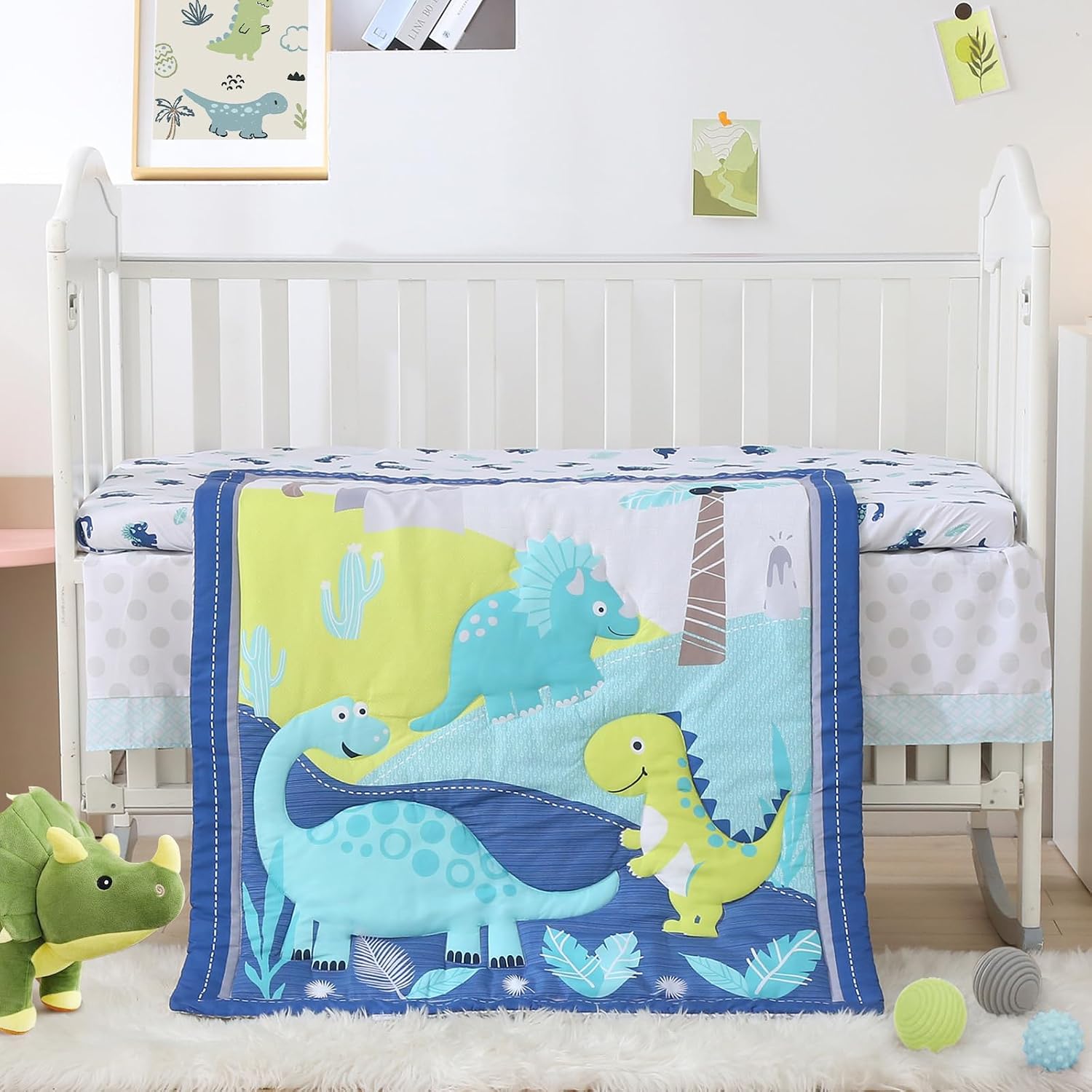SET DE CAMA PARA CUNA MINI WOWELIFE DISEÑO DINOSAURIOS AZUL 3 PIEZAS - 2