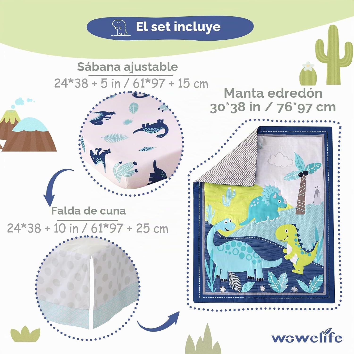 SET DE CAMA PARA CUNA MINI WOWELIFE DISEÑO DINOSAURIOS AZUL 3 PIEZAS - 4