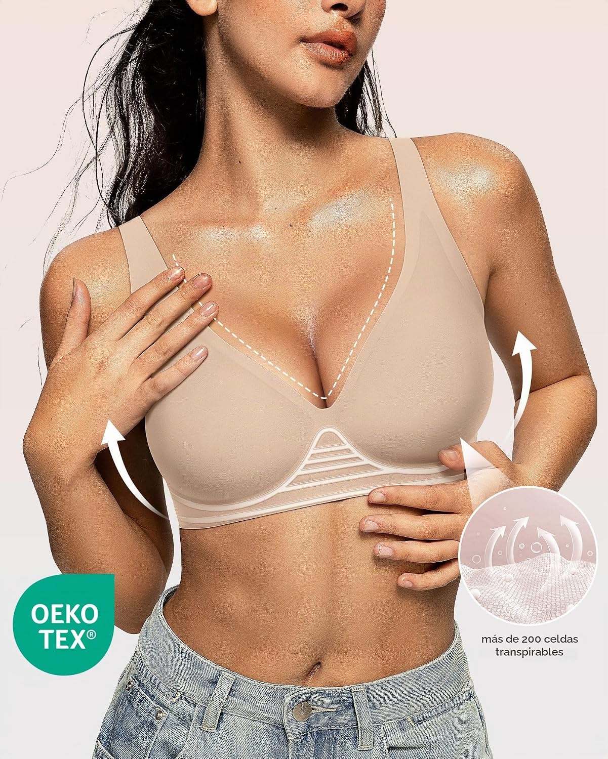 SOSTÉN OEAK JELLY WIRELESS PUSH UP CUELLO EN V BEIGE OSCURO - 2