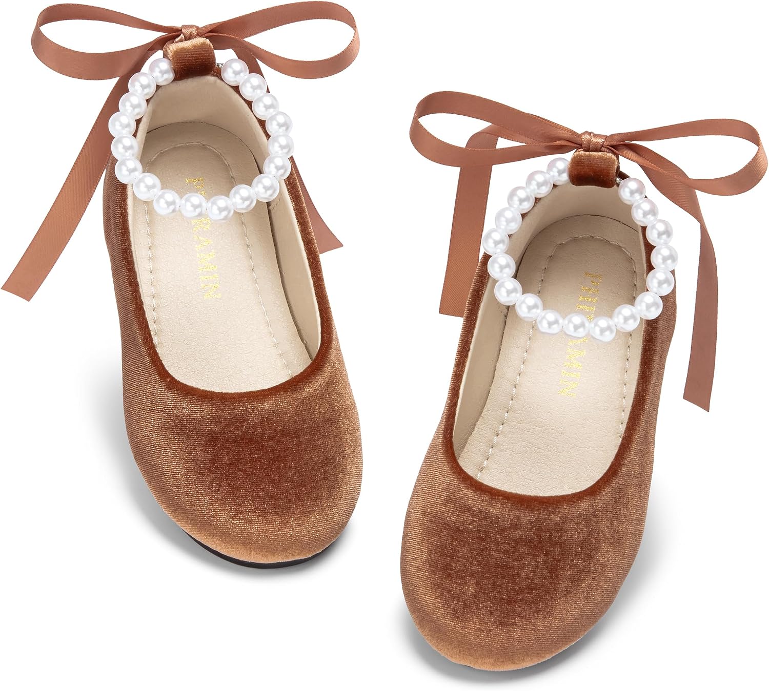 ZAPATOS PLANOS PHIRAMIN NIÑA FLORES TERCIOPELO MARRÓN CORREA PERLA - 1