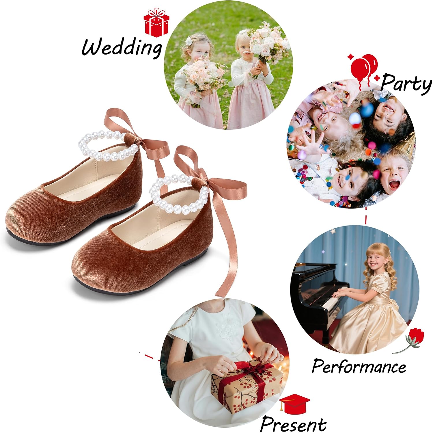 ZAPATOS PLANOS PHIRAMIN NIÑA FLORES TERCIOPELO MARRÓN CORREA PERLA - 4
