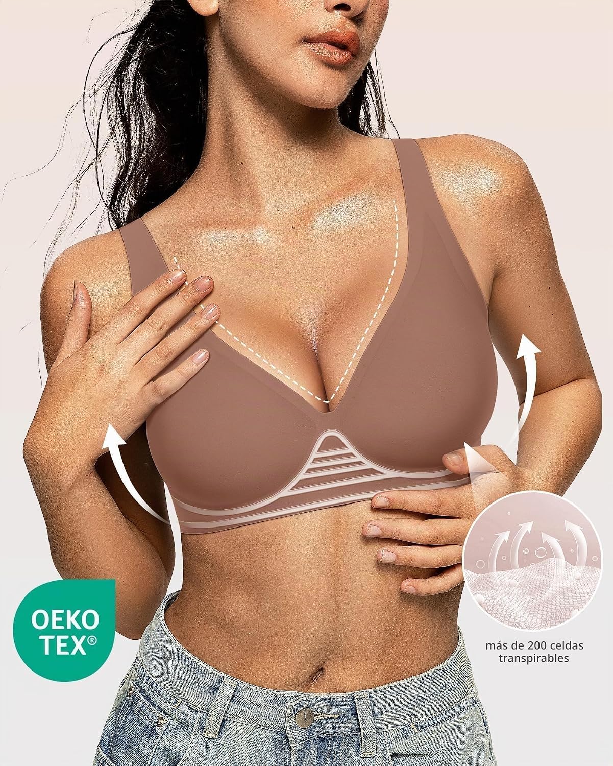 SOSTÉN OEAK JELLY WIRELESS PUSH UP CUELLO EN V CAFÉ - 2