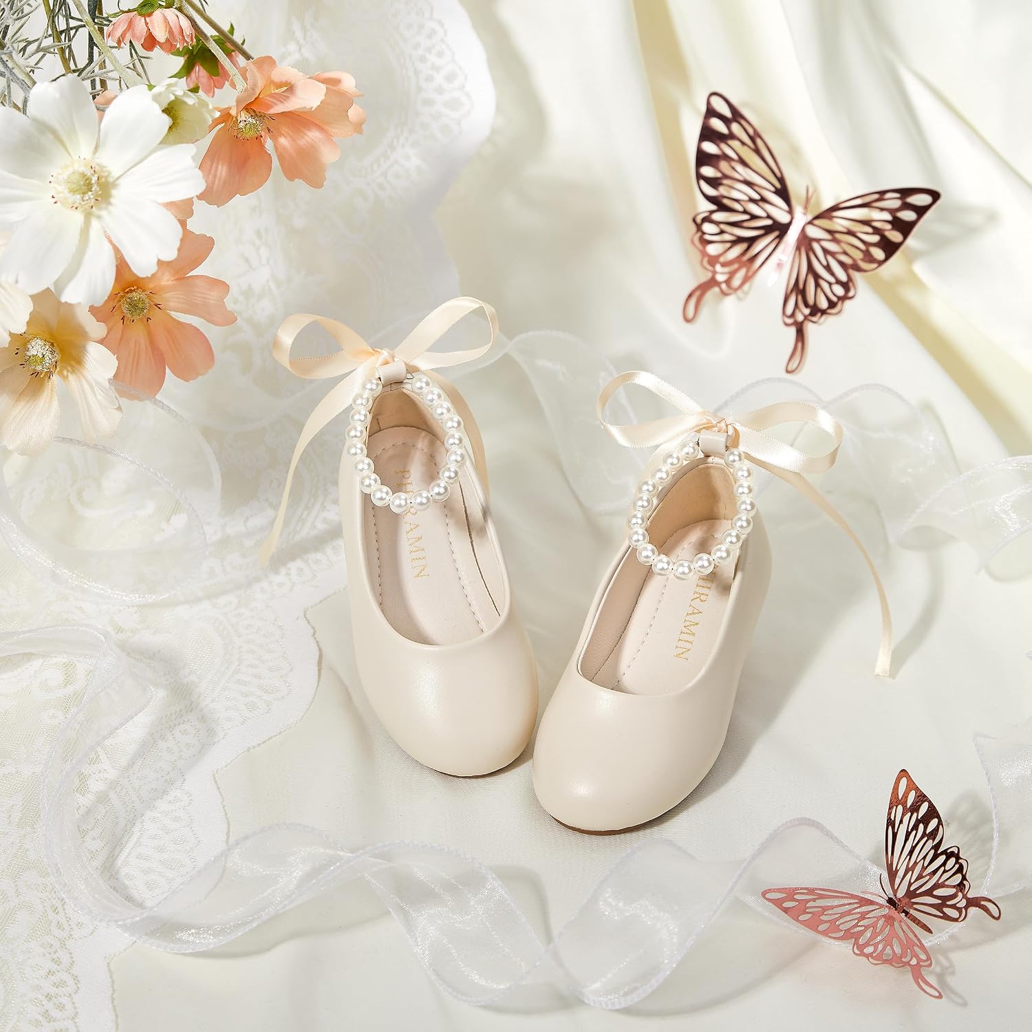 ZAPATOS PLANOS PHIRAMIN NIÑA FLORES CORREA PERLAS BEIGE - 2
