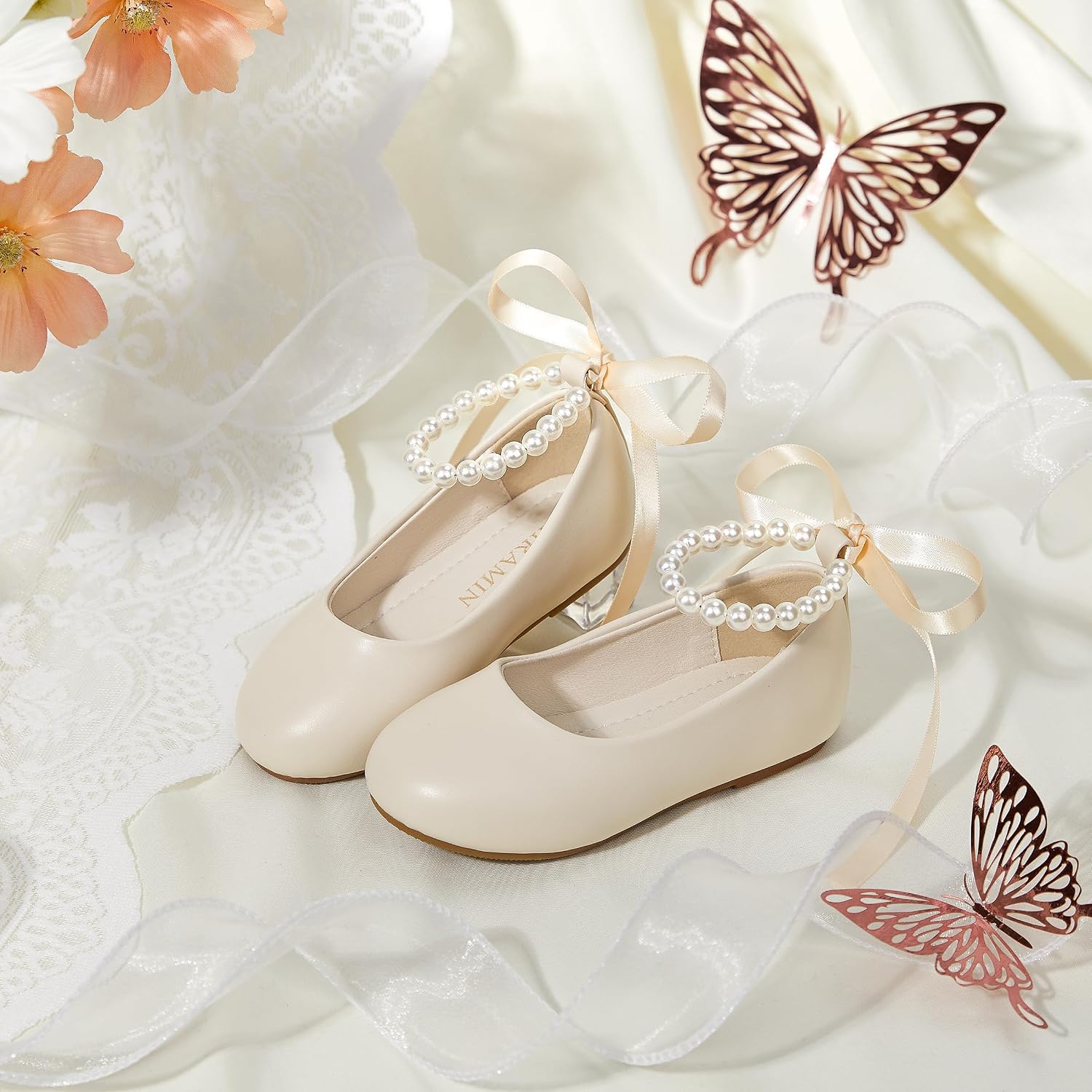 ZAPATOS PLANOS PHIRAMIN NIÑA FLORES CORREA PERLAS BEIGE - 3