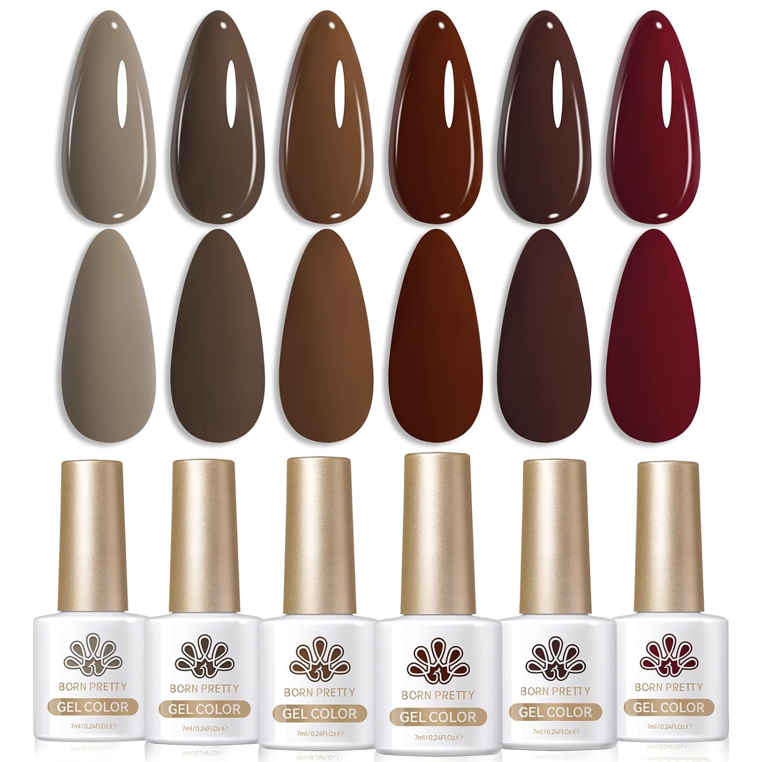 ESMALTE DE UÑAS GEL BORN PRETTY SET MARRÓN BURDEO VINO CARAMELO 6 BOTELLAS - 1