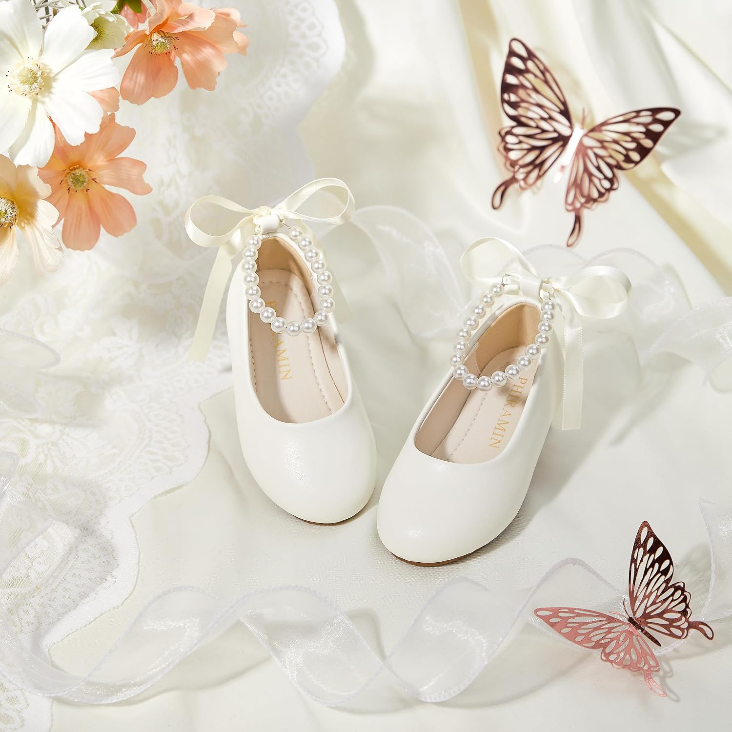 ZAPATOS BAILARINAS PHIRAMIN NIÑA FLORES CORREA PERLA BLANCO MARFIL - 2