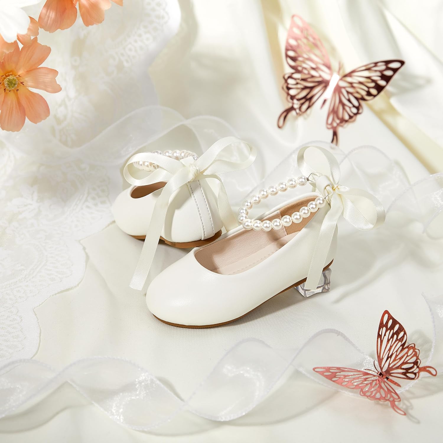 ZAPATOS BAILARINAS PHIRAMIN NIÑA FLORES CORREA PERLA BLANCO MARFIL - 3