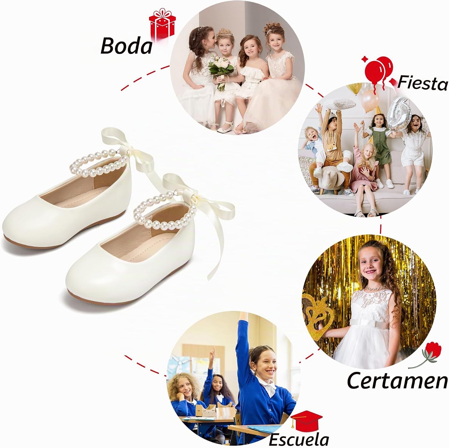 ZAPATOS BAILARINAS PHIRAMIN NIÑA FLORES CORREA PERLA BLANCO MARFIL - 4