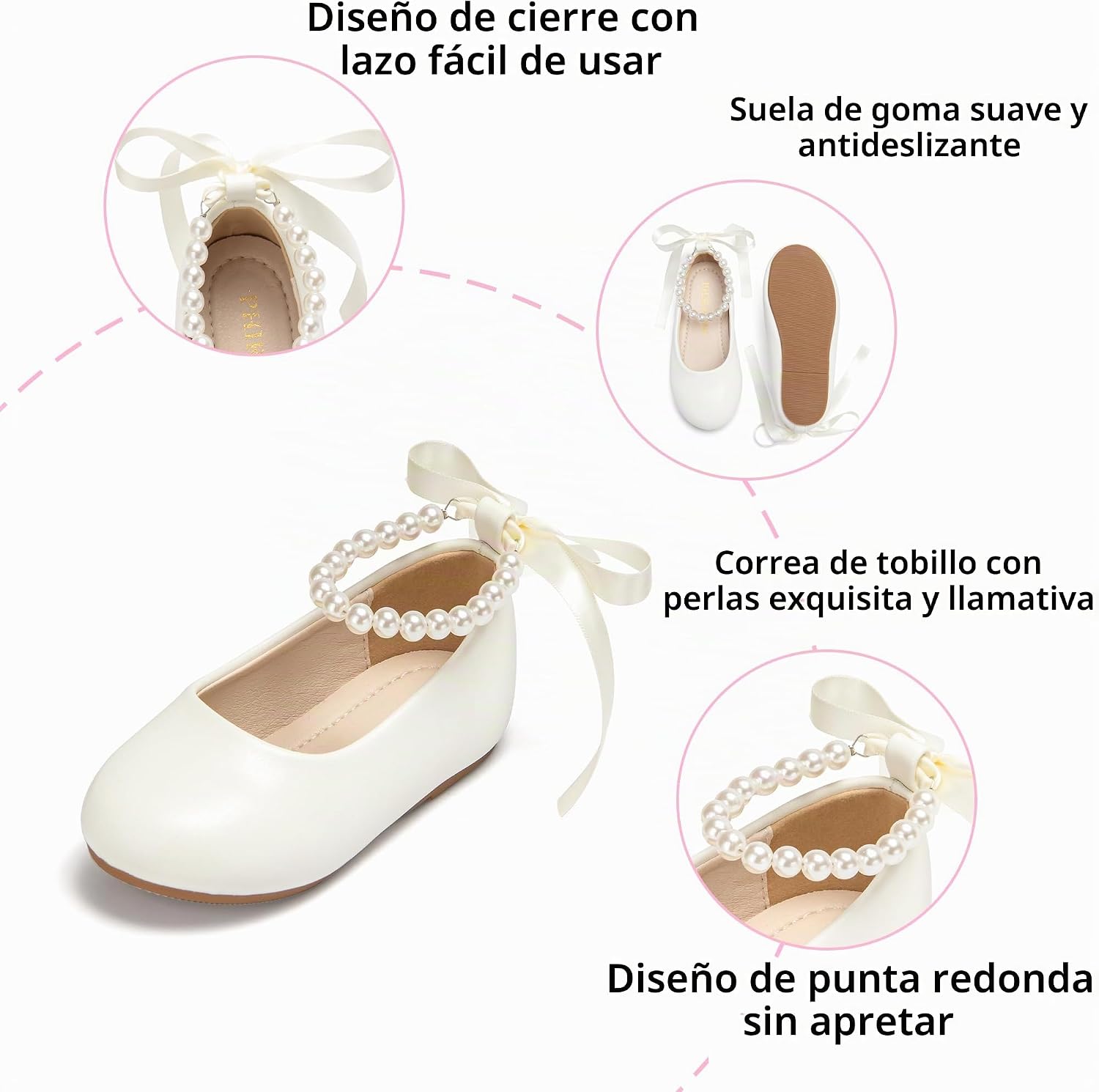 ZAPATOS BAILARINAS PHIRAMIN NIÑA FLORES CORREA PERLA BLANCO MARFIL - 5