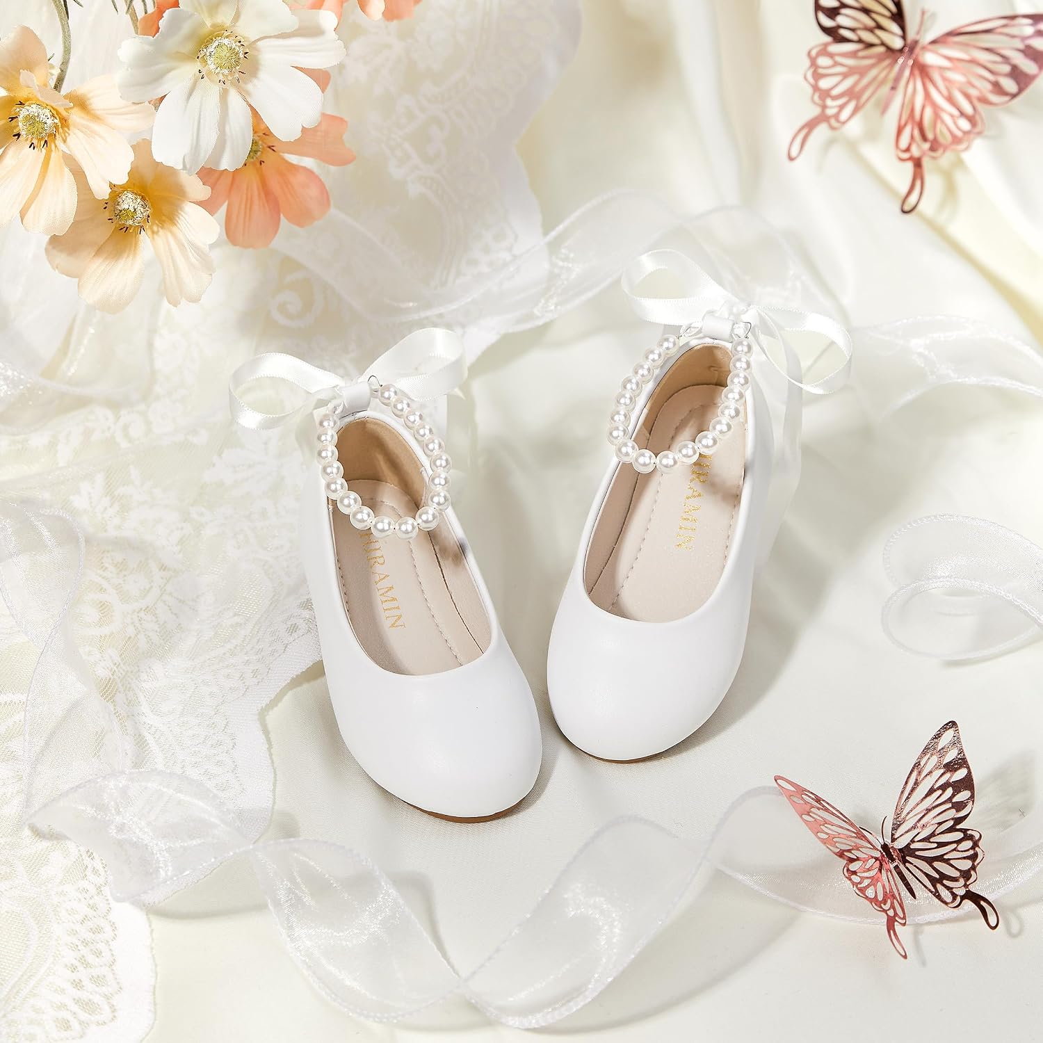 ZAPATOS BAILARINAS PHIRAMIN NIÑA FLORES CORREA PERLAS BLANCO - 2