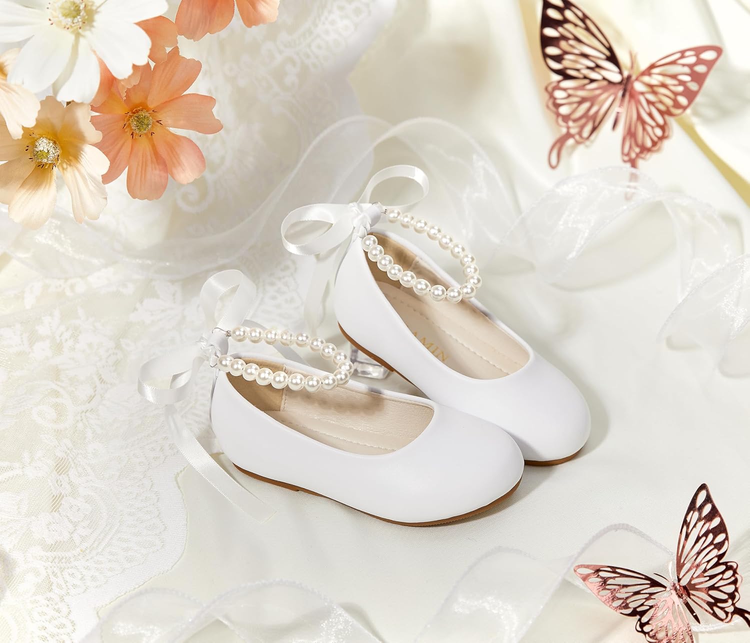 ZAPATOS BAILARINAS PHIRAMIN NIÑA FLORES CORREA PERLAS BLANCO - 3
