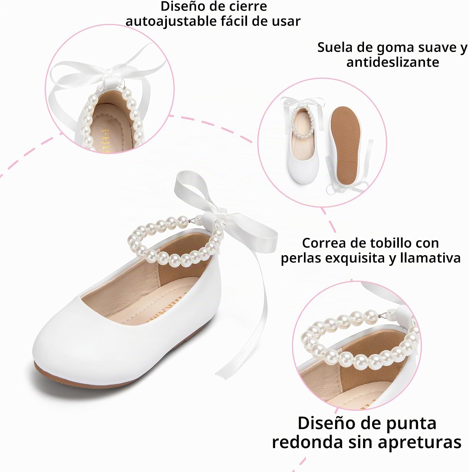ZAPATOS BAILARINAS PHIRAMIN NIÑA FLORES CORREA PERLAS BLANCO - 5