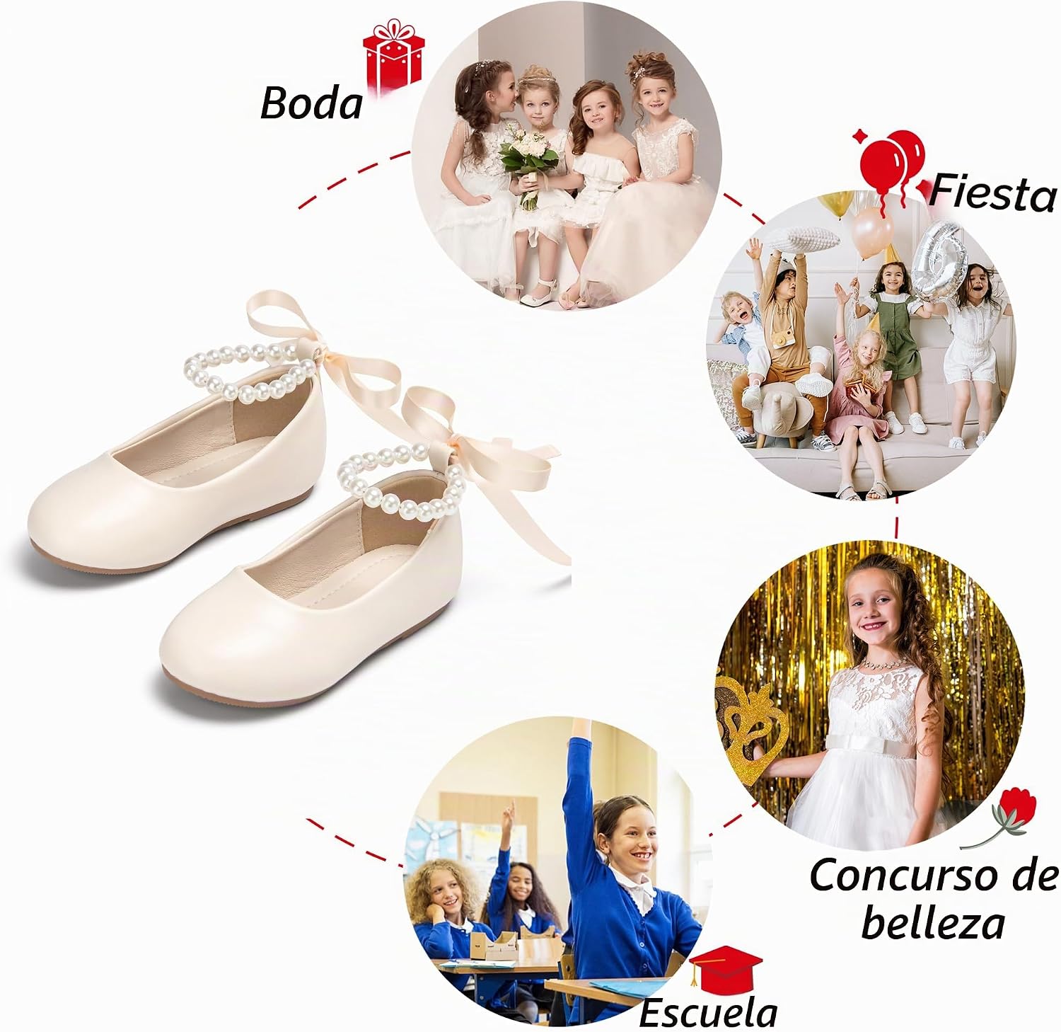 ZAPATOS DE VESTIR PHIRAMIN PARA NIÑA CON DISEÑO FLORAL Y CORREA DE PERLAS BEIGE - 4