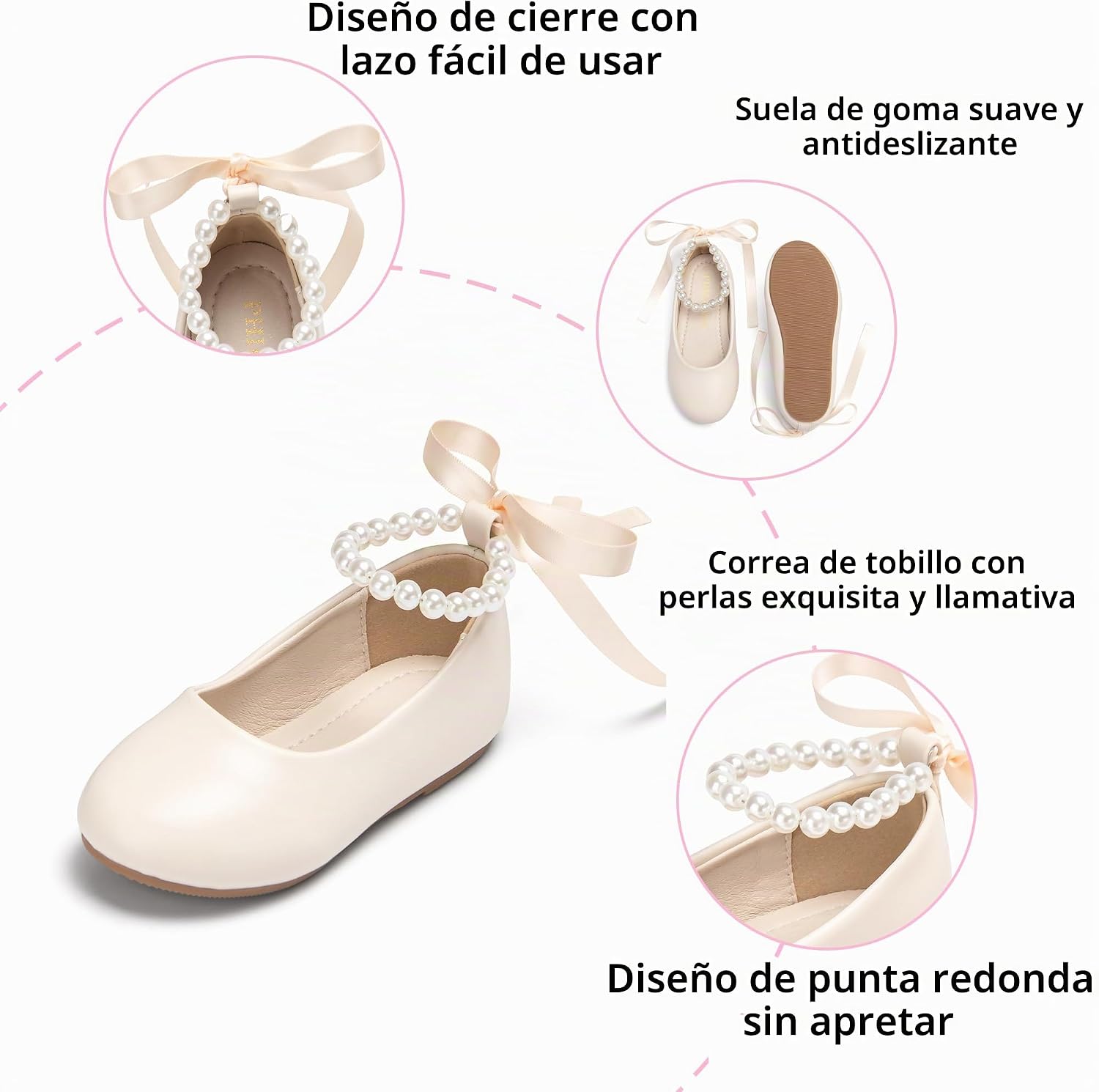 ZAPATOS DE VESTIR PHIRAMIN PARA NIÑA CON DISEÑO FLORAL Y CORREA DE PERLAS BEIGE - 5