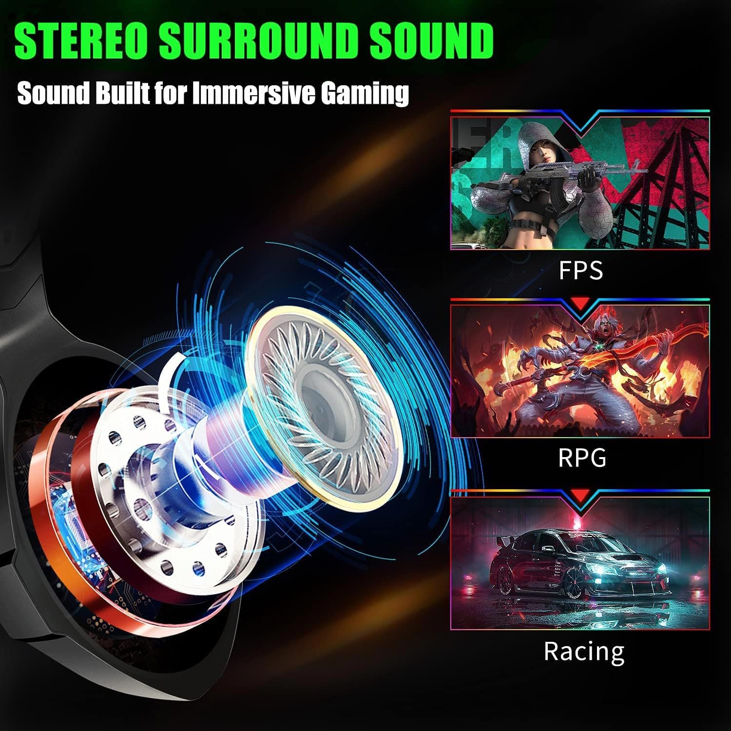 HEADSET GAMING OZEINO 7.1 SURROUND SOUND PARA PC PS4 PS5 XBOX VERDE - 2