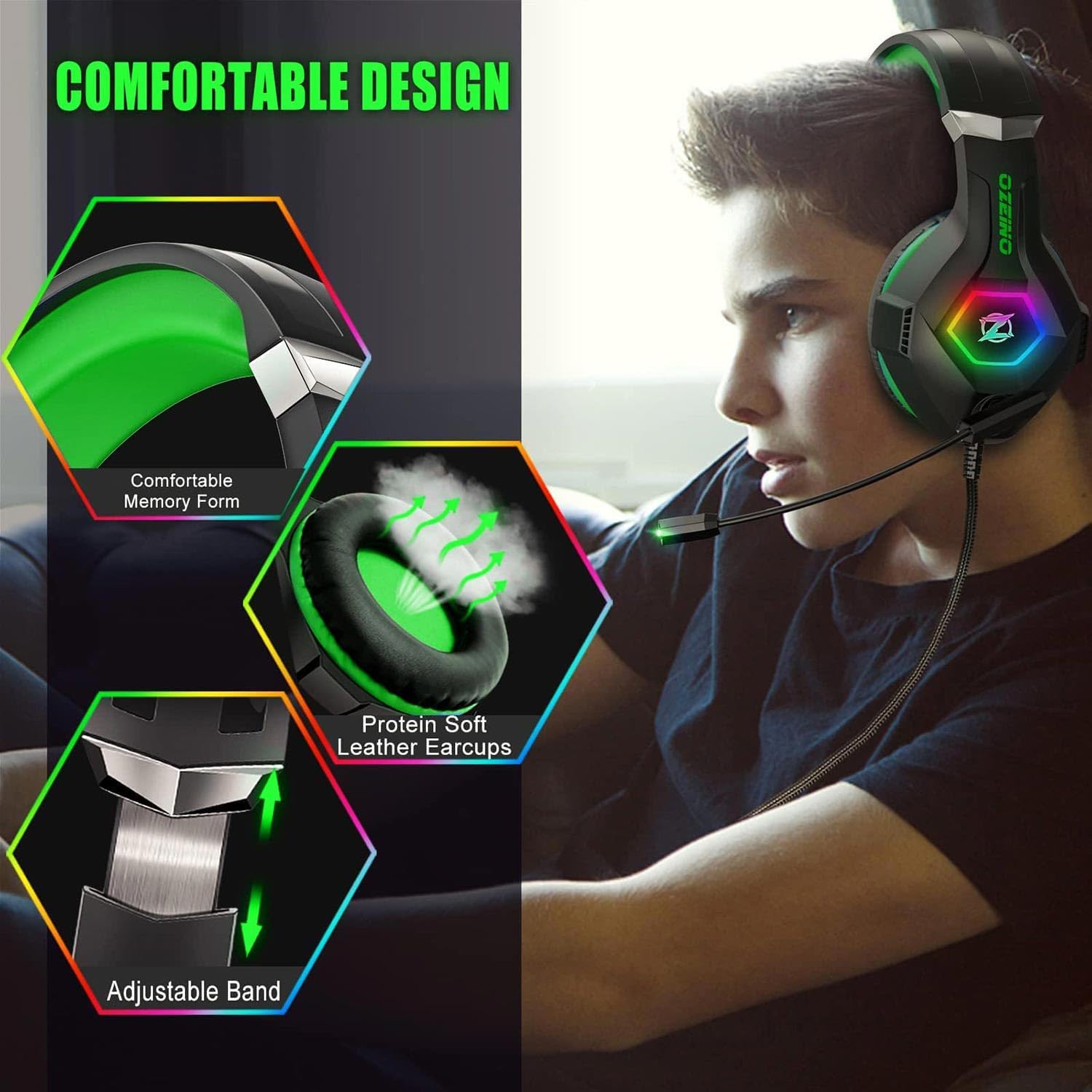 HEADSET GAMING OZEINO 7.1 SURROUND SOUND PARA PC PS4 PS5 XBOX VERDE - 4