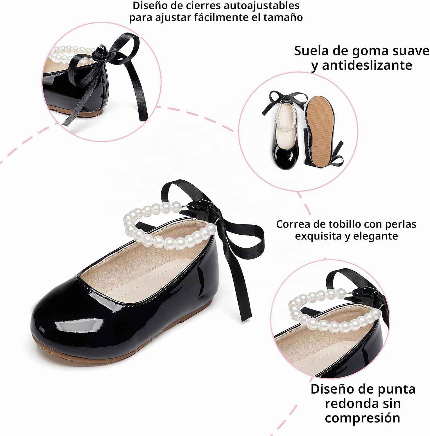 ZAPATOS PLANOS PHIRAMIN NIÑA FLORES CORREA PERLA NEGRO - 5